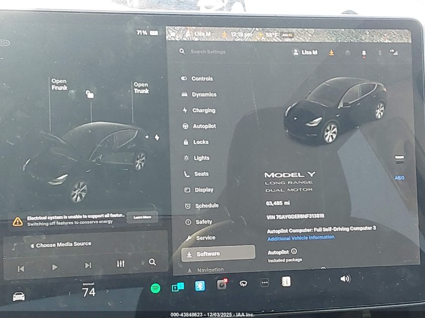 2022 Tesla Model Y Long Range Dual Motor All-Wheel Drive VIN: 7SAYGDEE6NF313818 Lot: 43848623