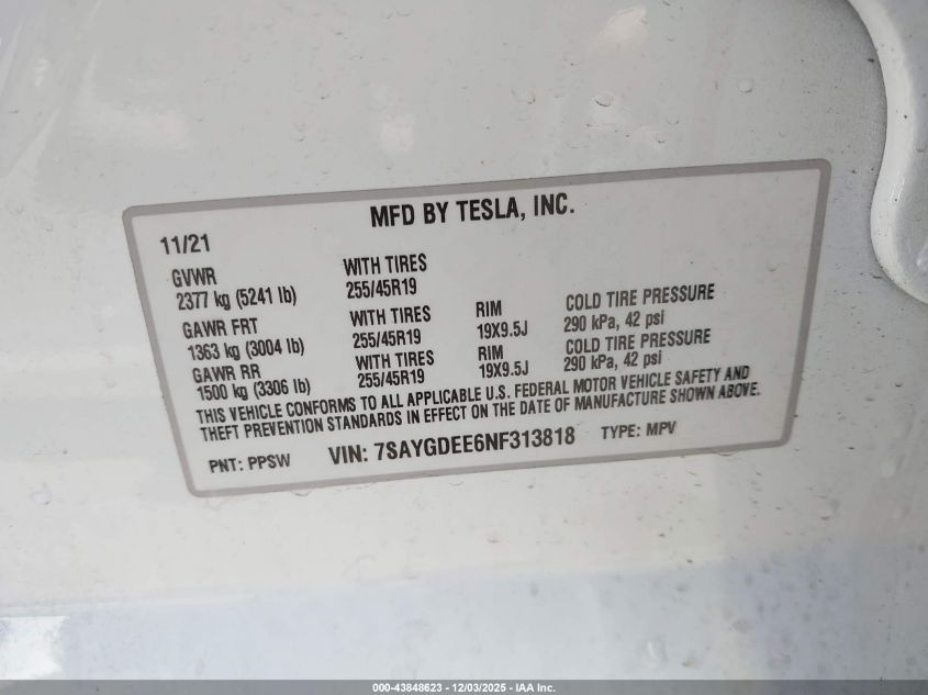 2022 Tesla Model Y Long Range Dual Motor All-Wheel Drive VIN: 7SAYGDEE6NF313818 Lot: 43848623