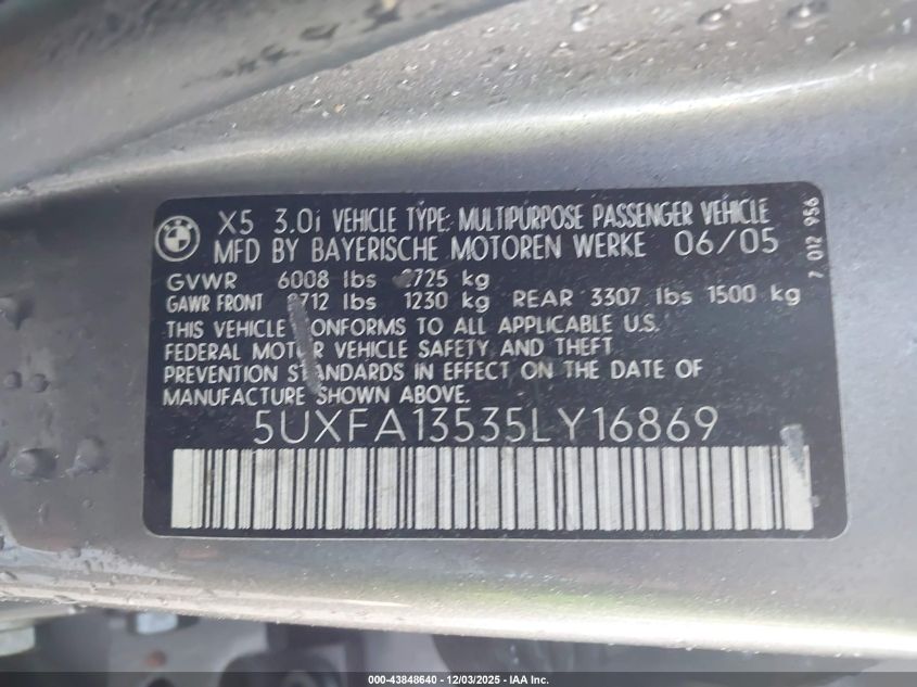 2005 BMW X5 3.0I VIN: 5UXFA13535LY16869 Lot: 43848640