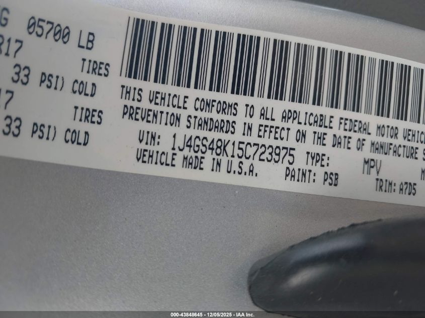 2005 Jeep Grand Cherokee Laredo VIN: 1J4GS48K15C723975 Lot: 43848645