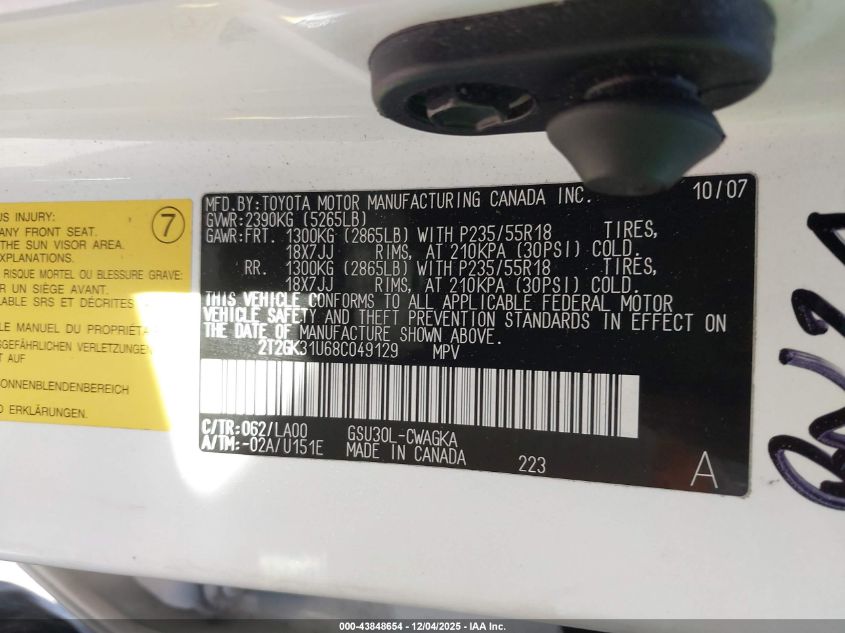 2008 Lexus Rx 350 VIN: 2T2GK31U68C049129 Lot: 43848654