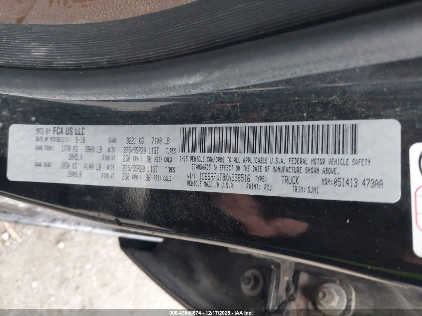 2019 Ram 1500 Laramie 4X4 5'7 Box VIN: 1C6SRFJT8KN556516 Lot: 43848674