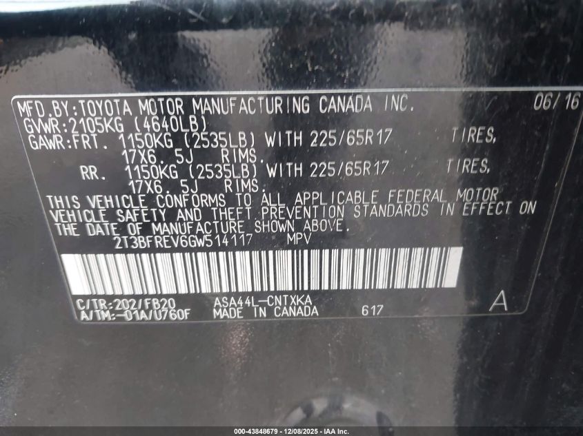 2016 Toyota Rav4 Le VIN: 2T3BFREV6GW514117 Lot: 43848679