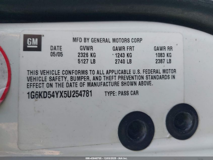 2005 Cadillac Deville Livery VIN: 1G6KD54YX5U254781 Lot: 43848705