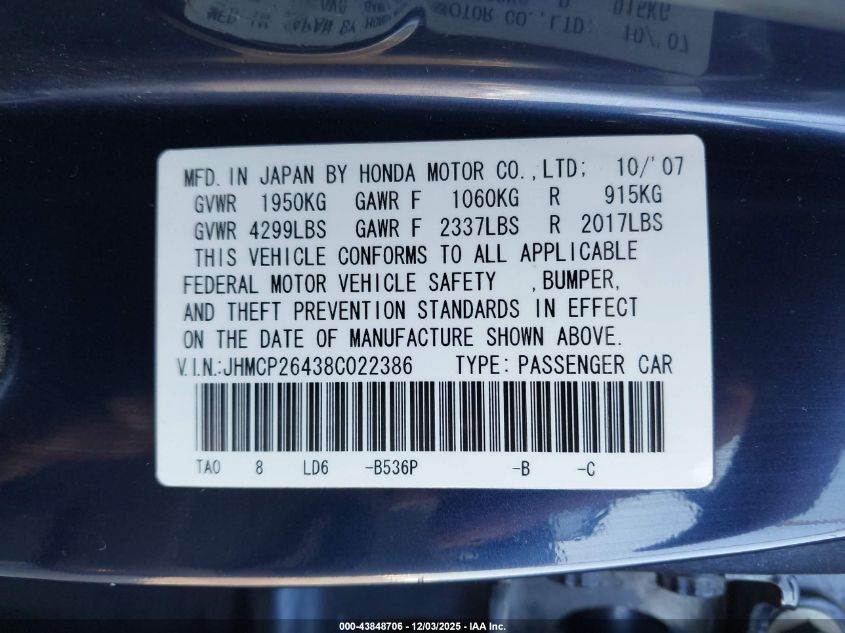 2008 Honda Accord 2.4 Lx-P VIN: JHMCP26438C022386 Lot: 43848706