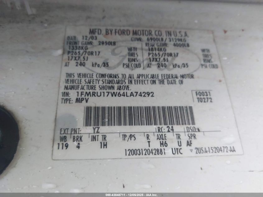 2004 Ford Expedition Eddie Bauer VIN: 1FMRU17W64LA74292 Lot: 43848711