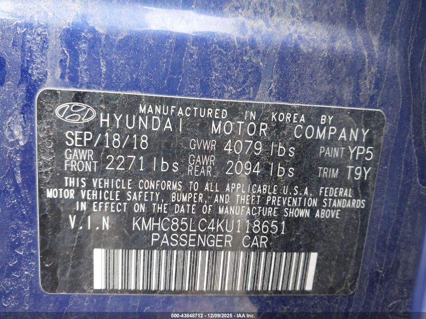 2019 Hyundai Ioniq Hybrid Limited VIN: KMHC85LC4KU118651 Lot: 43848712