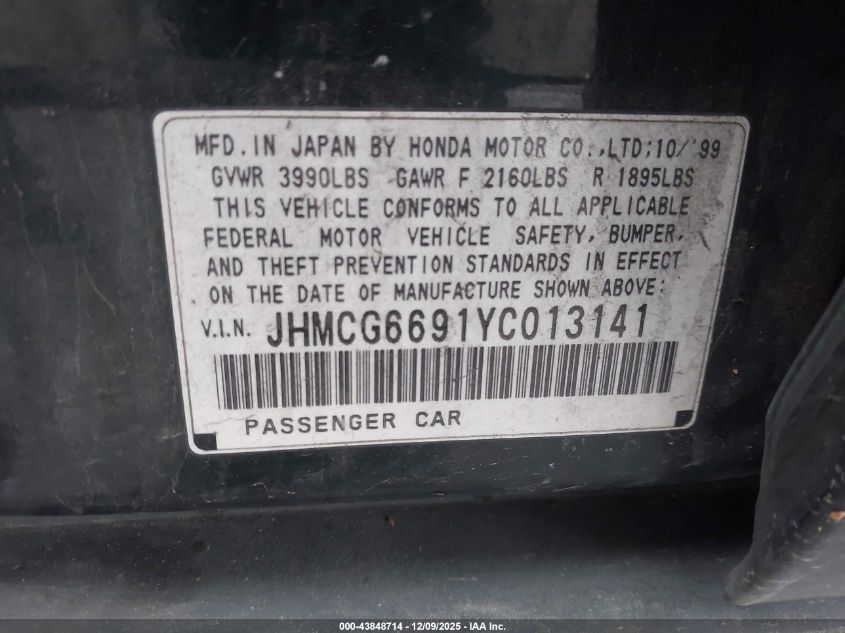 2000 Honda Accord 2.3 Se VIN: JHMCG6691YC013141 Lot: 43848714