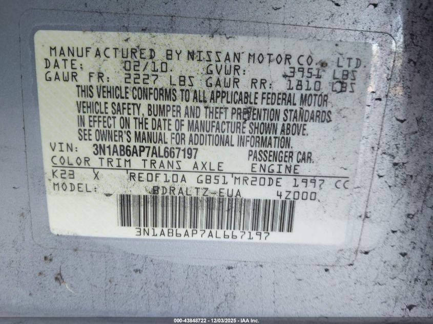 2010 Nissan Sentra 2.0S VIN: 3N1AB6AP7AL667197 Lot: 43848722