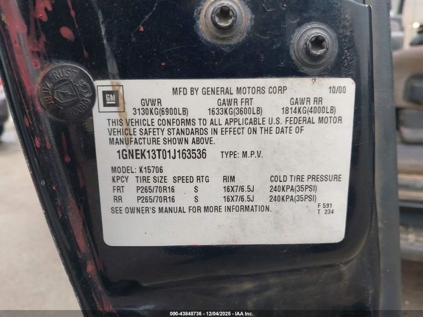 2001 Chevrolet Tahoe Ls VIN: 1GNEK13T01J163536 Lot: 43848736