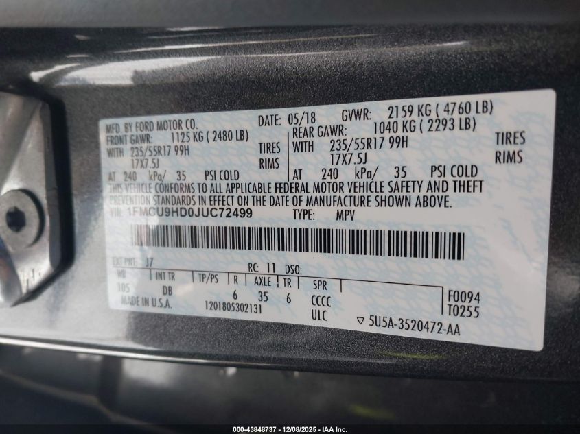 2018 Ford Escape Sel VIN: 1FMCU9HD0JUC72499 Lot: 43848737