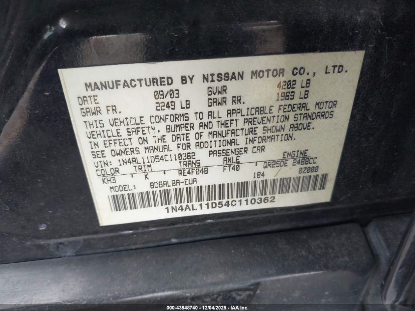 2004 Nissan Altima 2.5 S VIN: 1N4AL11D54C110362 Lot: 43848740