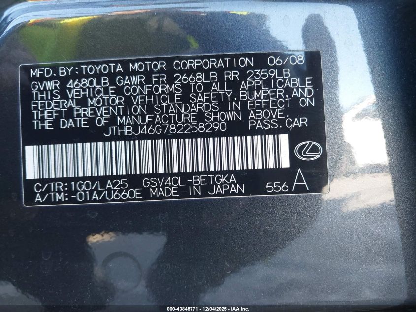 2008 Lexus Es 350 VIN: JTHBJ46G782258290 Lot: 43848771