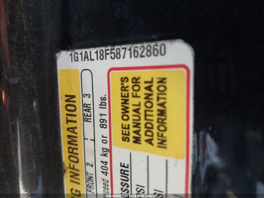 2008 Chevrolet Cobalt Lt VIN: 1G1AL18F587162860 Lot: 43848772