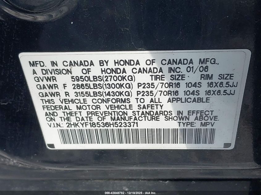 2006 Honda Pilot Ex-L VIN: 2HKYF18536H523371 Lot: 43848782