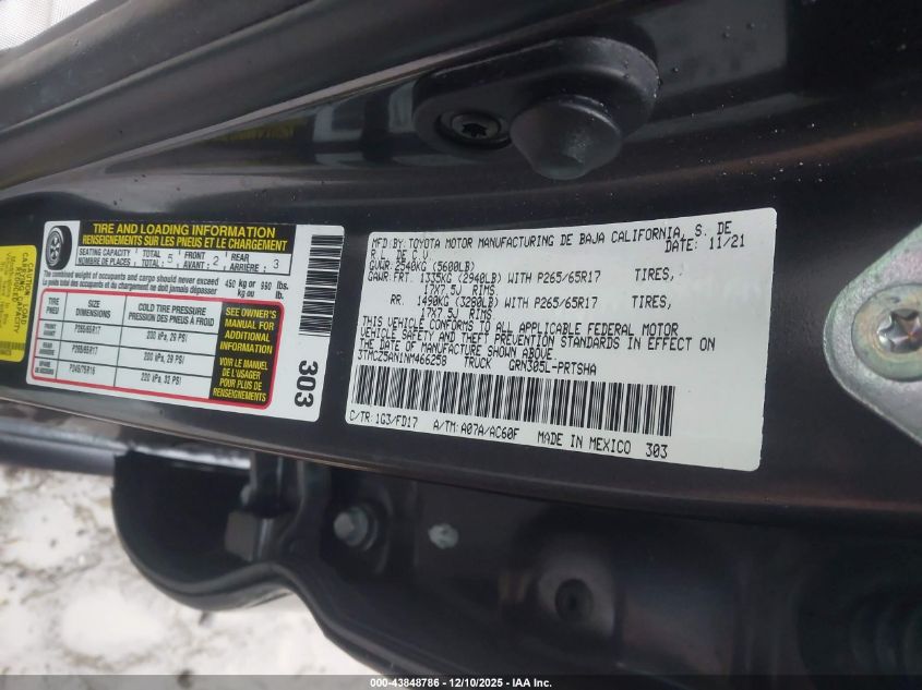 2022 Toyota Tacoma Trd Sport VIN: 3TMCZ5AN1NM466258 Lot: 43848786