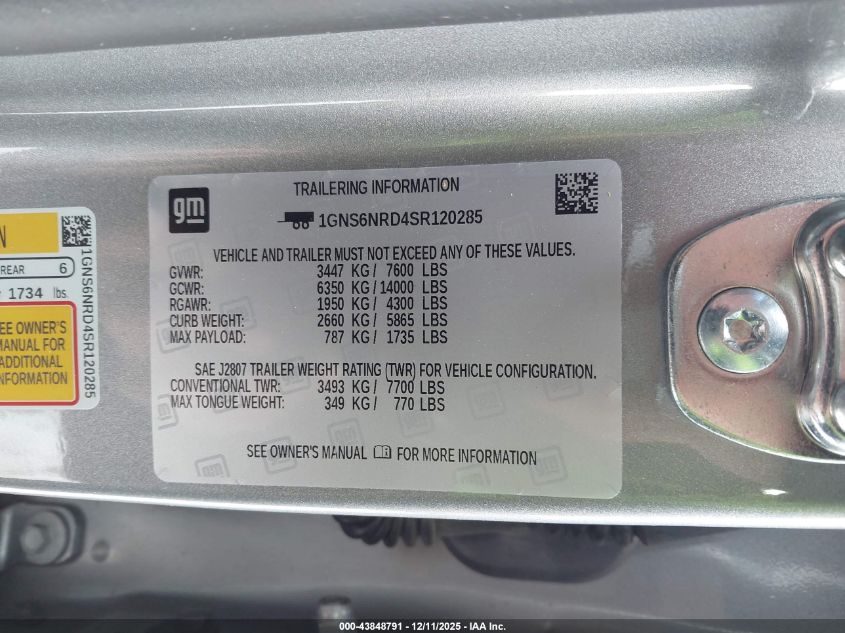 2025 Chevrolet Tahoe 4Wd Lt VIN: 1GNS6NRD4SR120285 Lot: 43848791