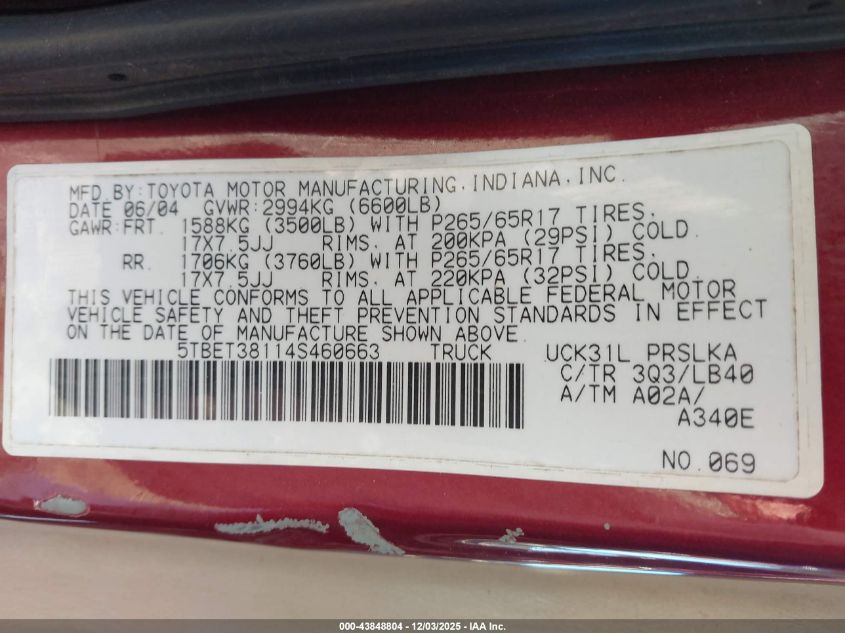 2004 Toyota Tundra Limited V8 VIN: 5TBET38114S460663 Lot: 43848804