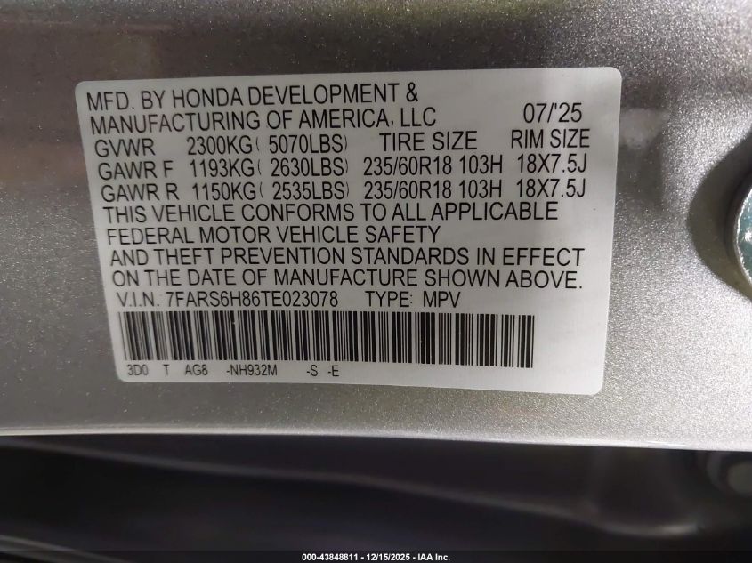 2026 Honda Cr-V Hybrid Awd Sport-L VIN: 7FARS6H86TE023078 Lot: 43848811
