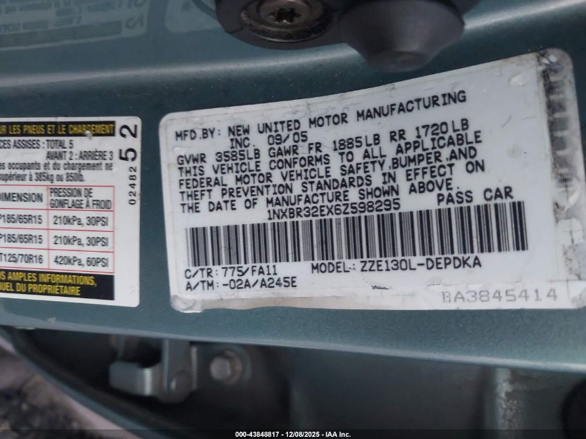 2006 Toyota Corolla Ce VIN: 1NXBR32EX6Z598295 Lot: 43848817