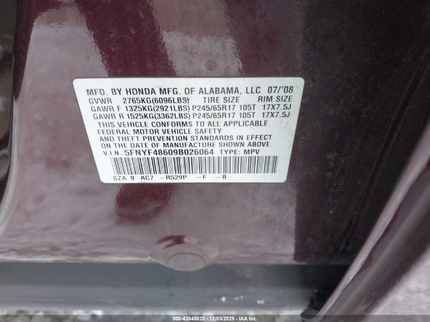 2009 Honda Pilot Ex-L VIN: 5FNYF48609B026064 Lot: 43848820