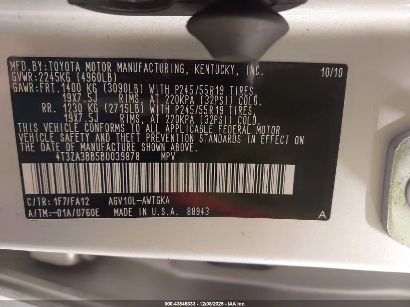 2011 Toyota Venza VIN: 4T3ZA3BB5BU039878 Lot: 43848833