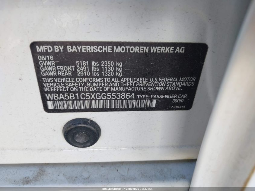 2016 BMW 535I VIN: WBA5B1C5XGG553864 Lot: 43848839