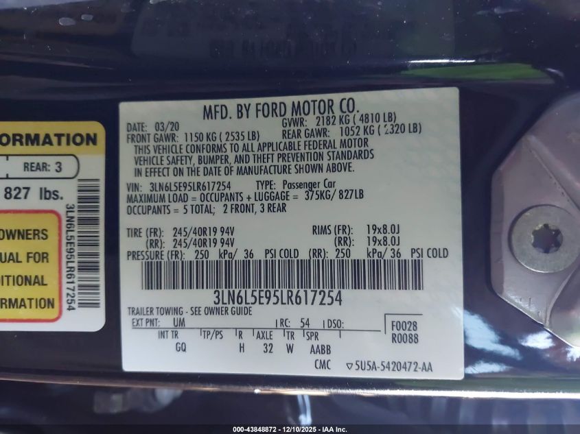 2020 Lincoln Mkz Reserve VIN: 3LN6L5E95LR617254 Lot: 43848872