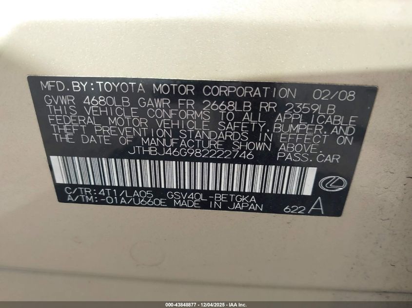 2008 Lexus Es 350 VIN: JTHBJ46G982222746 Lot: 43848877