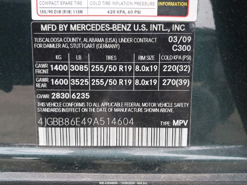 2009 Mercedes-Benz Ml 350 4Matic VIN: 4JGBB86E49A514604 Lot: 43848880