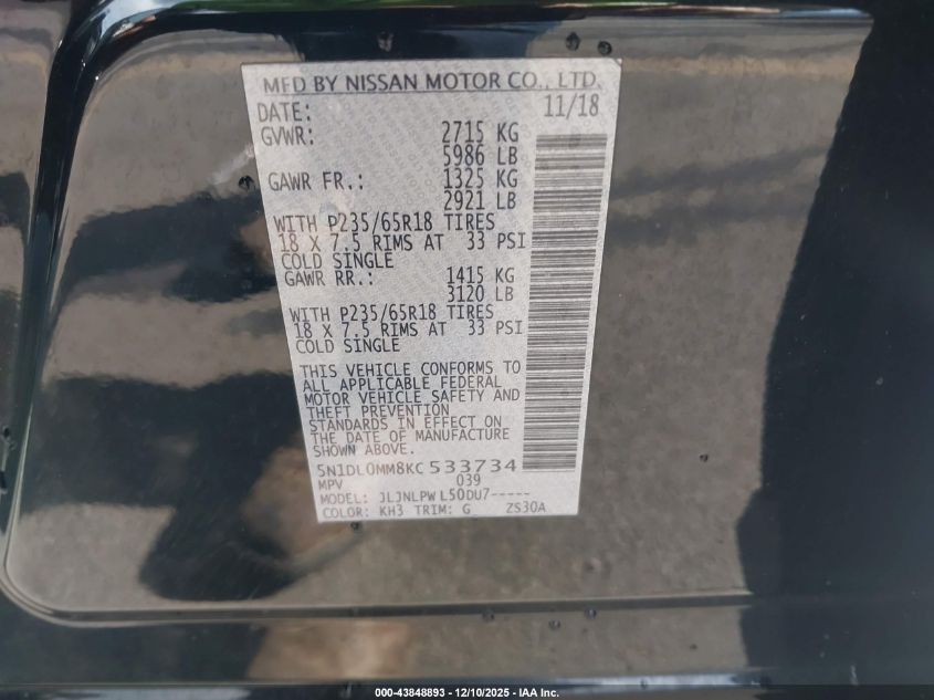 2019 Infiniti Qx60 Pure VIN: 5N1DL0MM8KC533734 Lot: 43848893