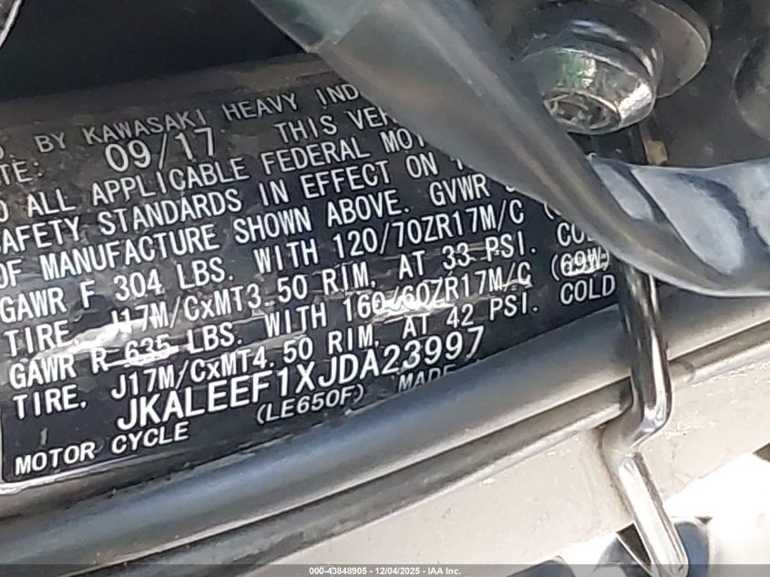2018 Kawasaki Kle650 F/Lt VIN: JKALEEF1XJDA23997 Lot: 43848905