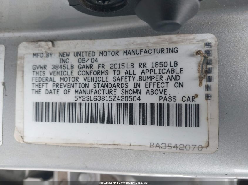 2005 Pontiac Vibe VIN: 5Y2SL63815Z420504 Lot: 43848911