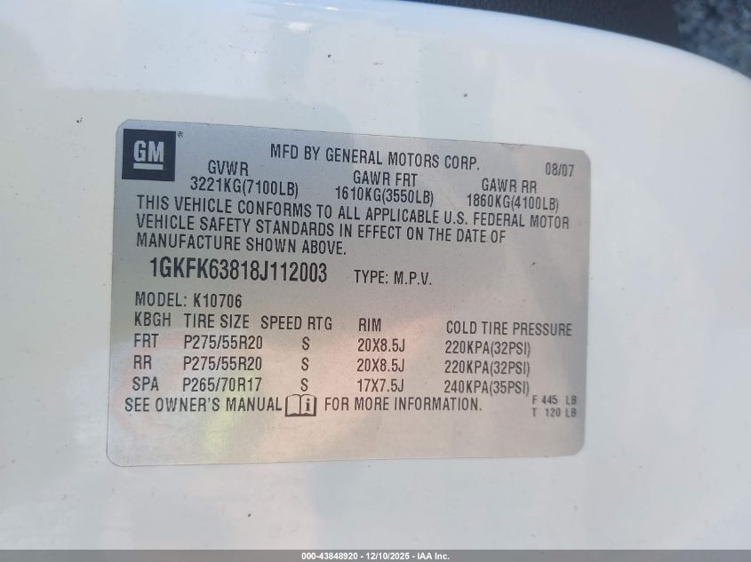 2008 GMC Yukon Denali VIN: 1GKFK63818J112003 Lot: 43848920