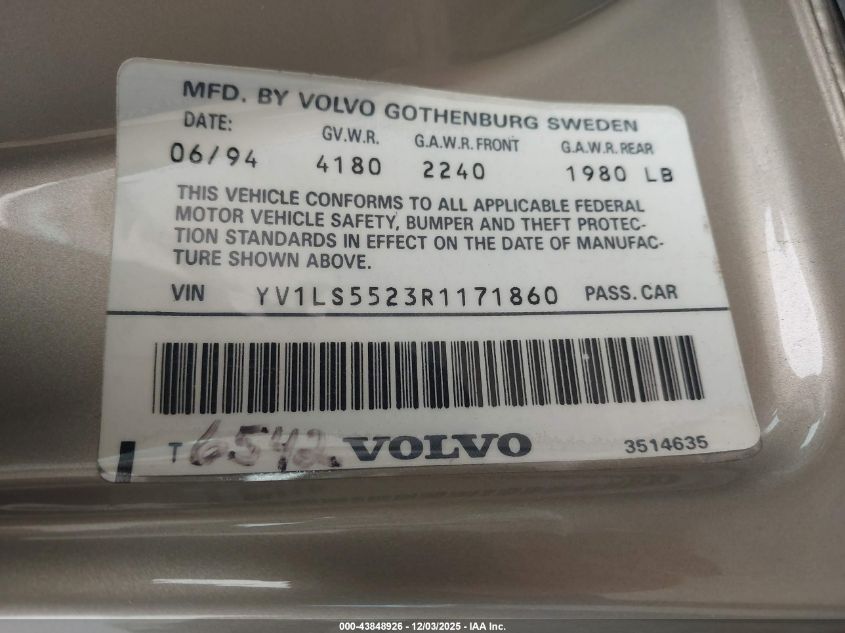1994 Volvo 850 VIN: YV1LS5523R1171860 Lot: 43848926