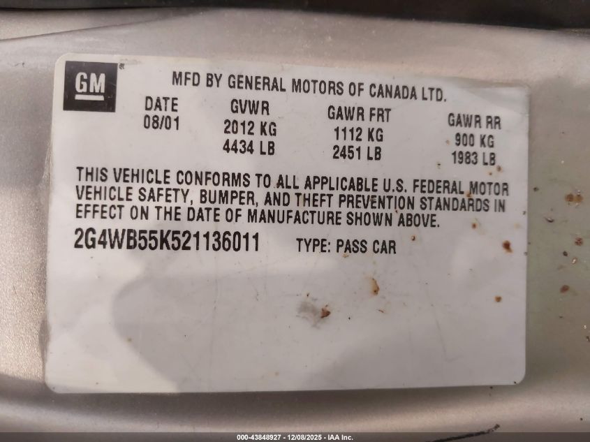 2002 Buick Regal Ls VIN: 2G4WB55K521136011 Lot: 43848927