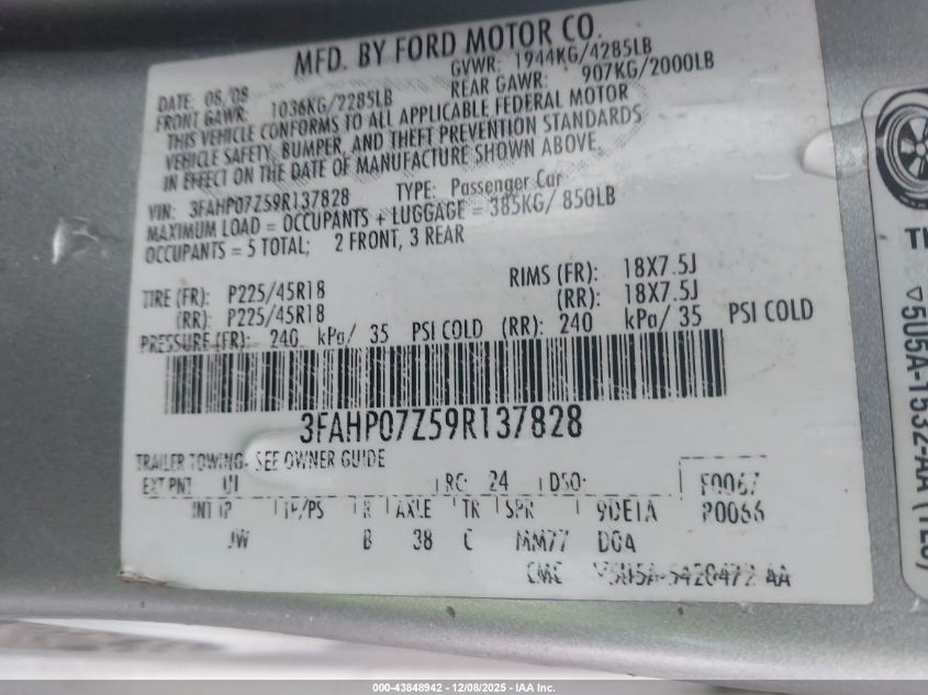 2009 Ford Fusion Se VIN: 3FAHP07Z59R137828 Lot: 43848942