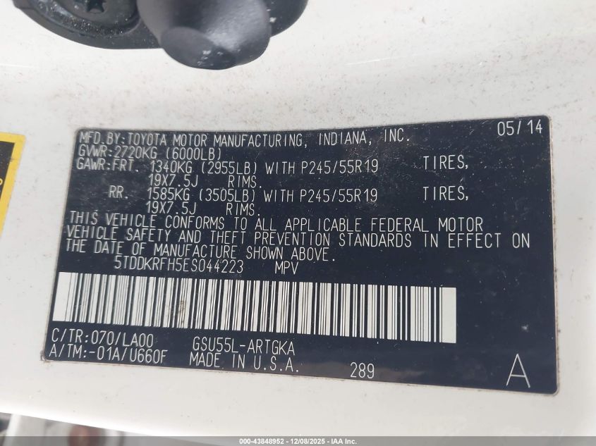 2014 Toyota Highlander Limited V6 VIN: 5TDDKRFH5ES044223 Lot: 43848952