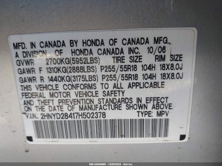 2007 Acura Mdx Technology Package VIN: 2HNYD28417H502378 Lot: 43848969