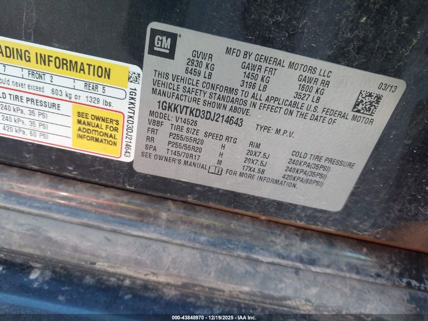 2013 GMC Acadia Denali VIN: 1GKKVTKD3DJ214643 Lot: 43848970