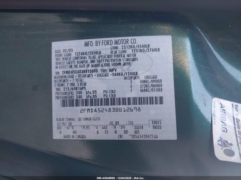 2003 Ford Windstar Se VIN: 2FMDA52483BB12698 Lot: 43848986