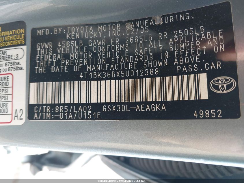 2005 Toyota Avalon Xls VIN: 4T1BK36BX5U012388 Lot: 43848993