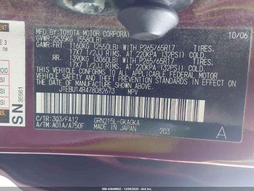 2007 Toyota 4Runner Sr5 V6 VIN: JTEBU14R478082673 Lot: 43849002