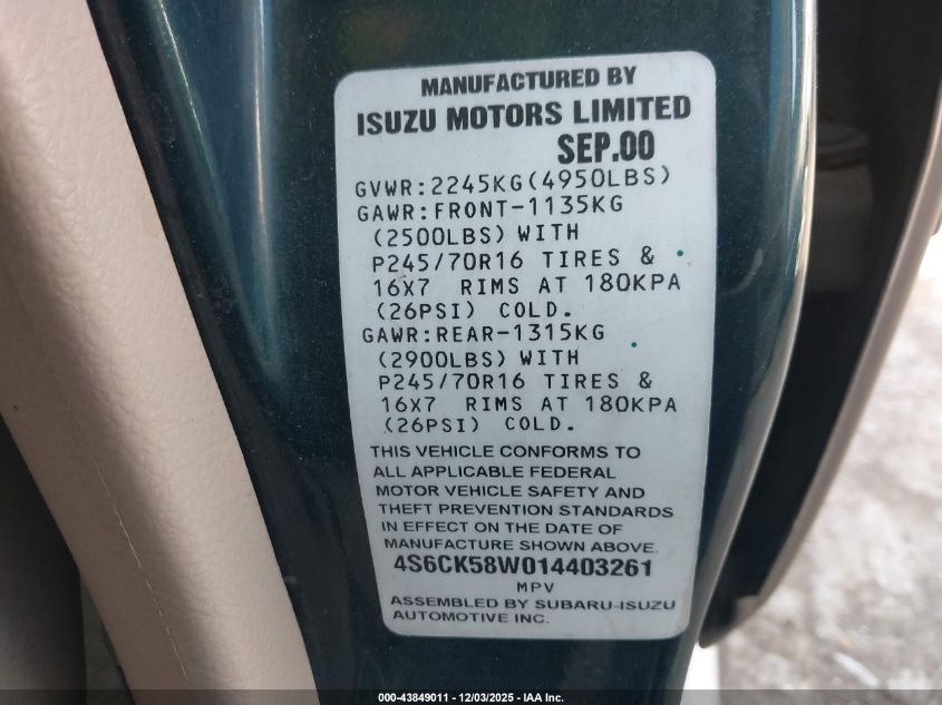 2001 Honda Passport Ex/Lx VIN: 4S6CK58W014403261 Lot: 43849011