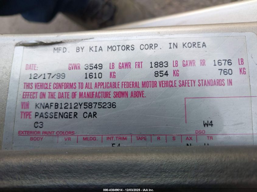 2000 Kia Sephia Ls/Ls W/Power Pkg VIN: KNAFB1212Y5875236 Lot: 43849014