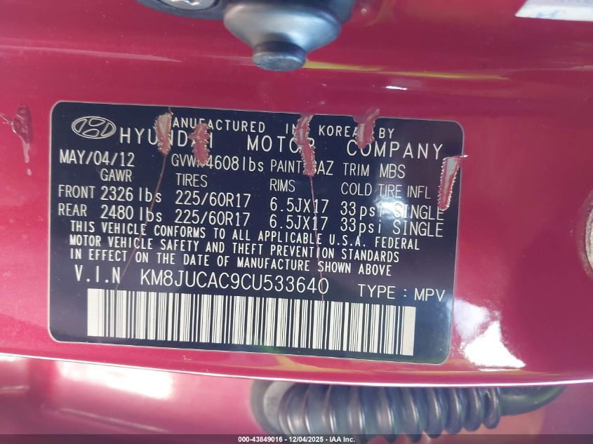 2012 Hyundai Tucson Gls VIN: KM8JUCAC9CU533640 Lot: 43849016