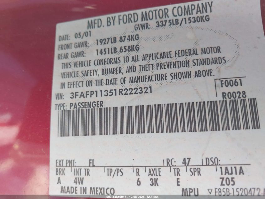 2001 Ford Escort Zx2 VIN: 3FAFP11351R222321 Lot: 43849017