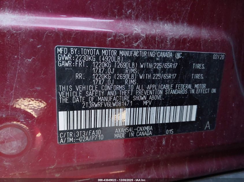 2020 Toyota Rav4 Hybrid Xle VIN: 2T3RWRFV6LW081471 Lot: 43849023