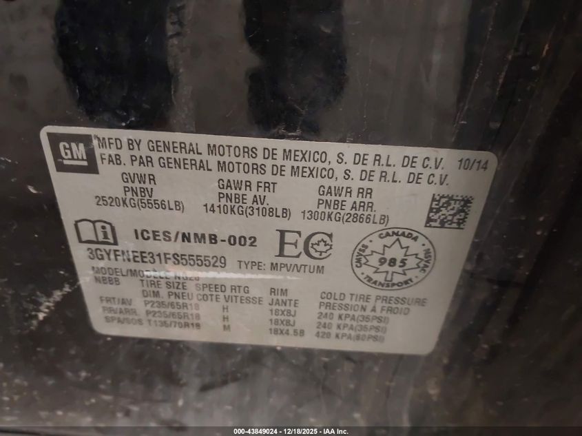 2015 Cadillac Srx Luxury Collection VIN: 3GYFNEE31FS555529 Lot: 43849024