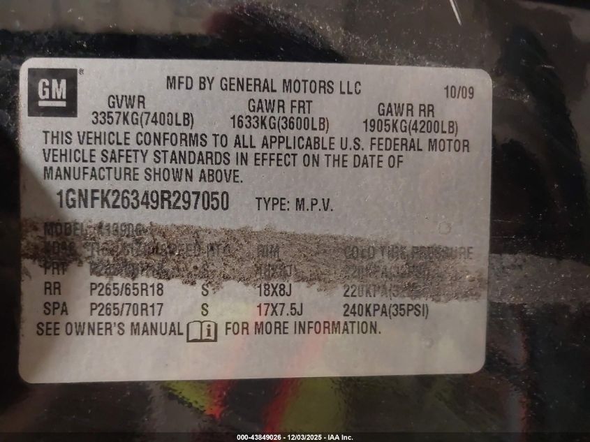 2009 Chevrolet Suburban 1500 Lt2 VIN: 1GNFK26349R297050 Lot: 43849026
